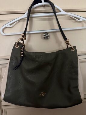 Coach New York Pebbled Leather Colorblock Tote Shoulder Bag Olive Green/ White